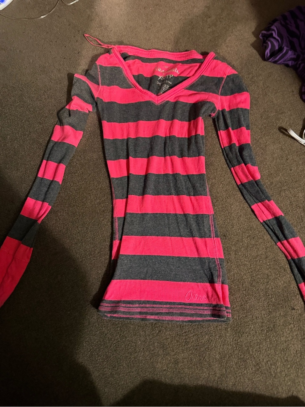 Hot Pink and Charcoal Stripe Long Sleeve Top Aeropostale